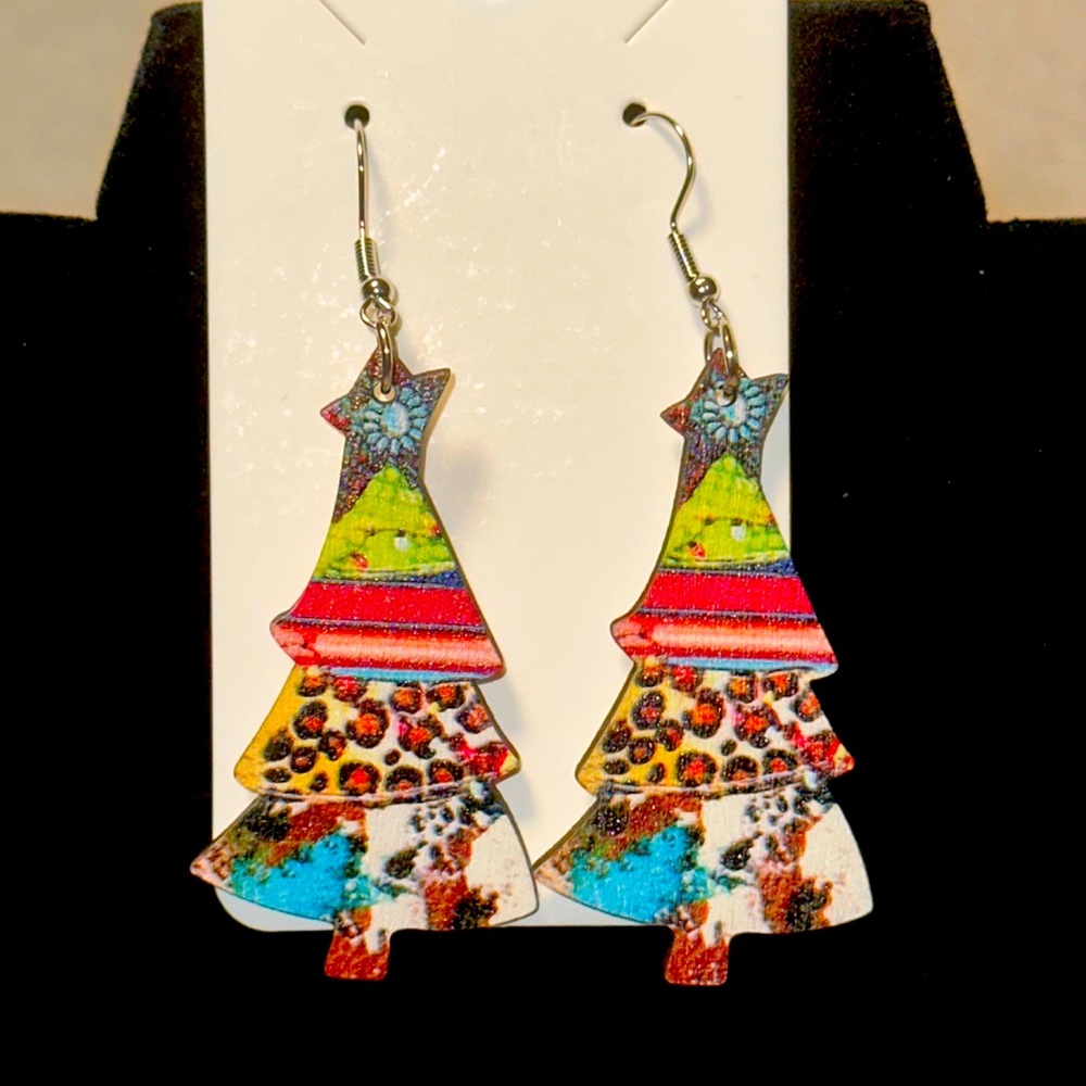 Cute Christmas Tree Earrings (Cow Print and Cheetah Print), NEW